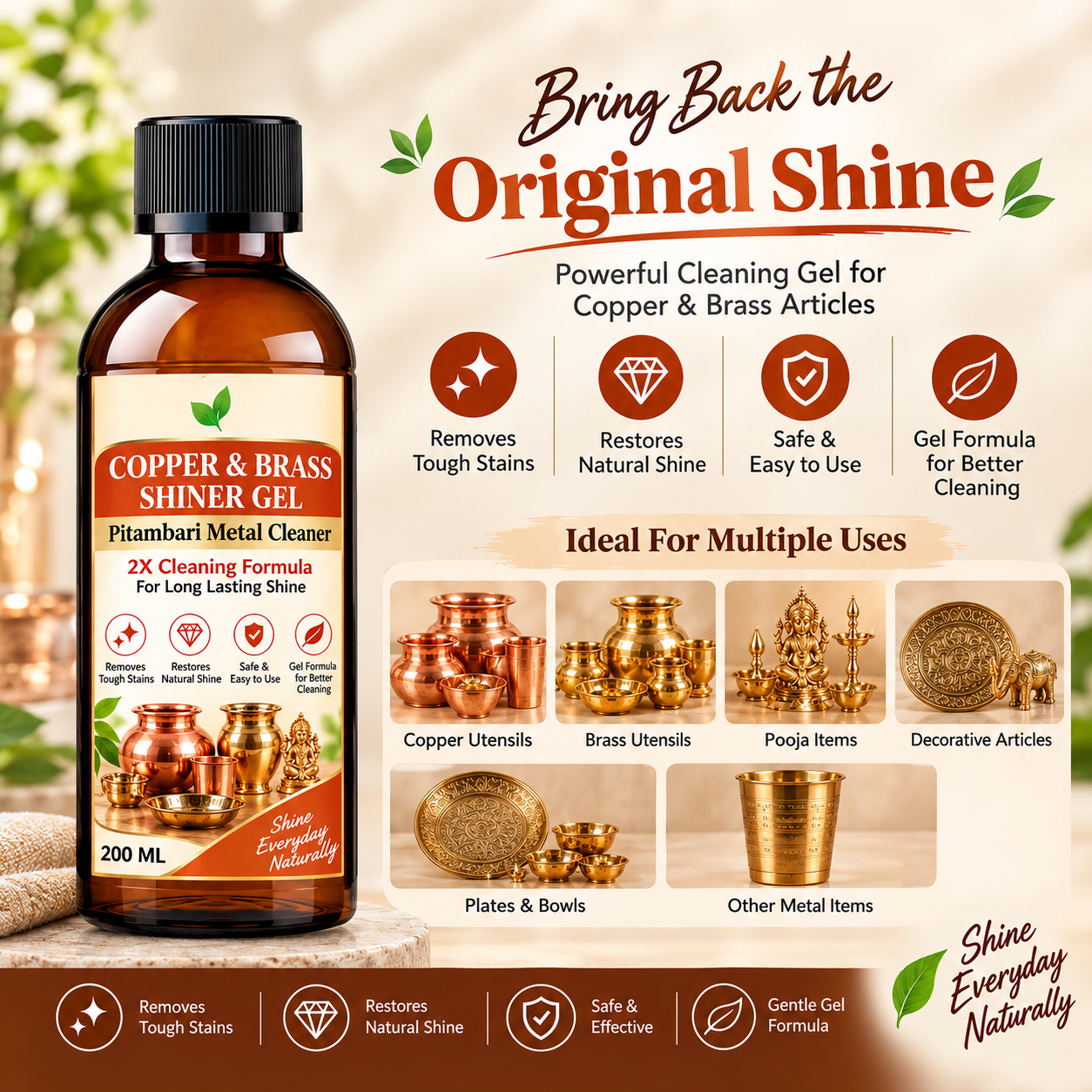 Copper Bronze & Brass Cleaner | 200 ML | Home Care Metal Cleaner and Shiner