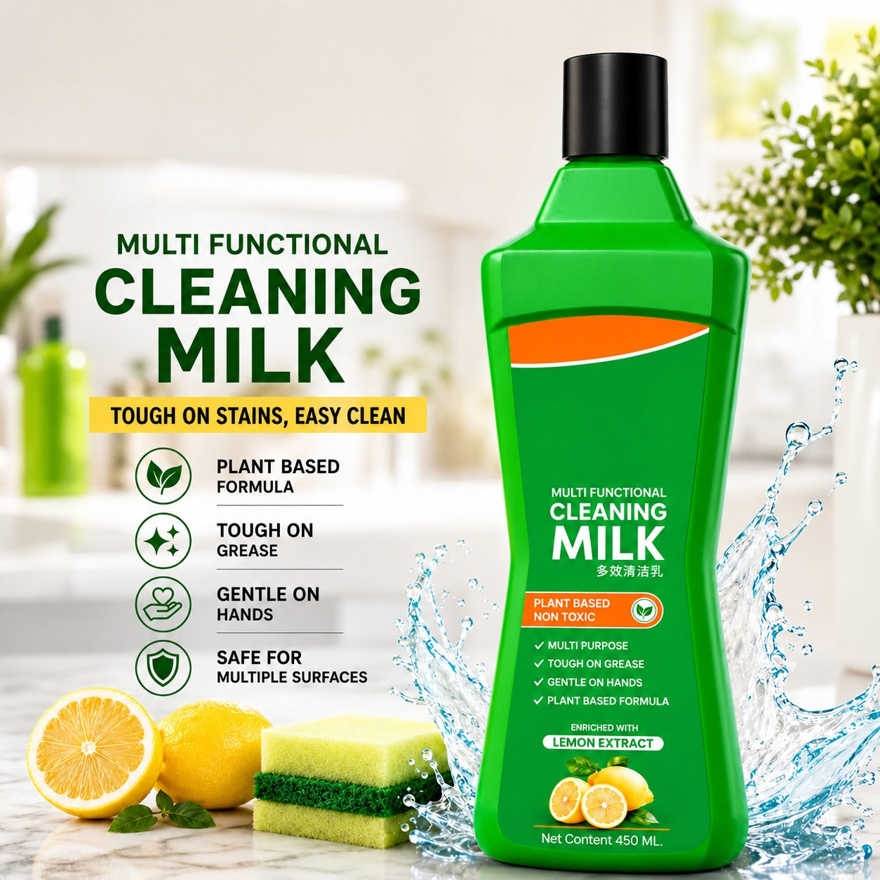 ✨ Multi-Functional Cleaning Milk 450ml – Stubborn Stain Remover with Mild Formula | Fresh & Clean Finish for Kitchen, Bathroom & Home 🏠