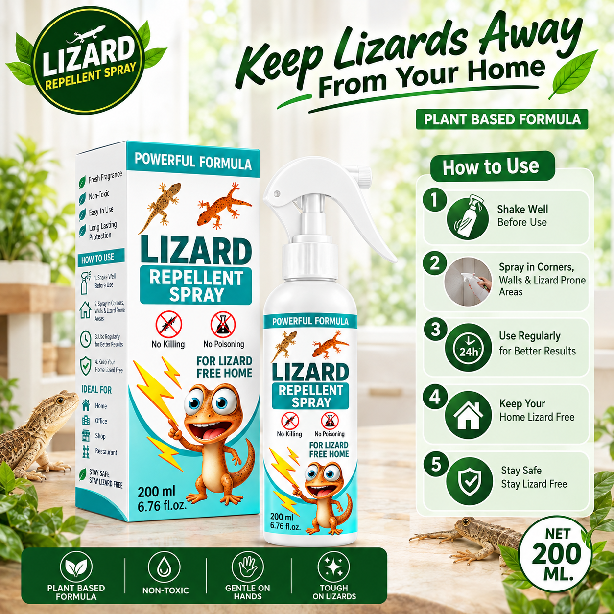 🦎 Lizard Repellent Spray 200ml – Non-Toxic Lizard Repellent for Home, Kitchen & Office | 🎁 Buy 1 Get 1 Free