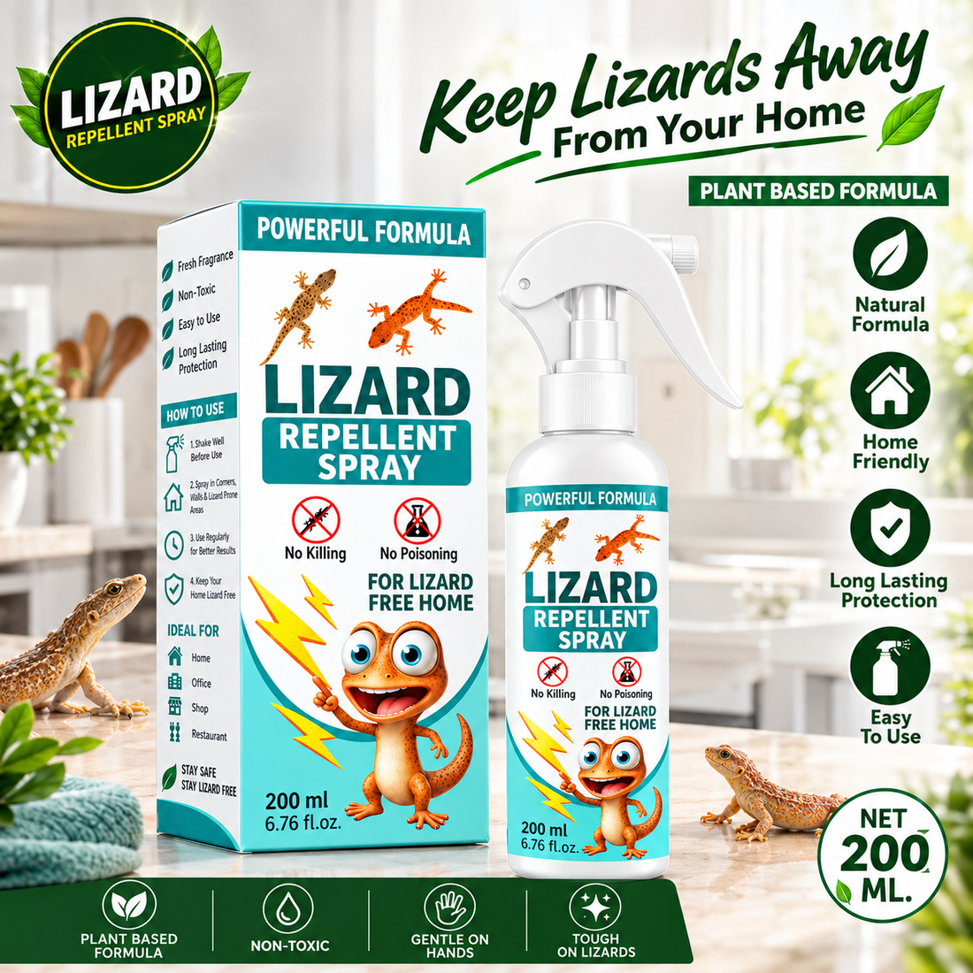 🦎 Lizard Repellent Spray 200ml – Non-Toxic Lizard Repellent for Home, Kitchen & Office | 🎁 Buy 1 Get 1 Free